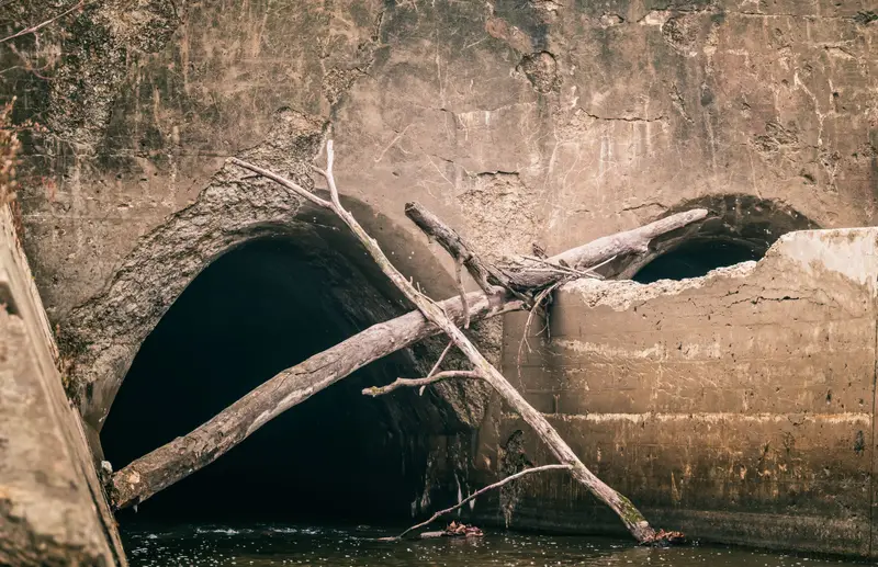 Broken pipe section with branches and debris growing through it.