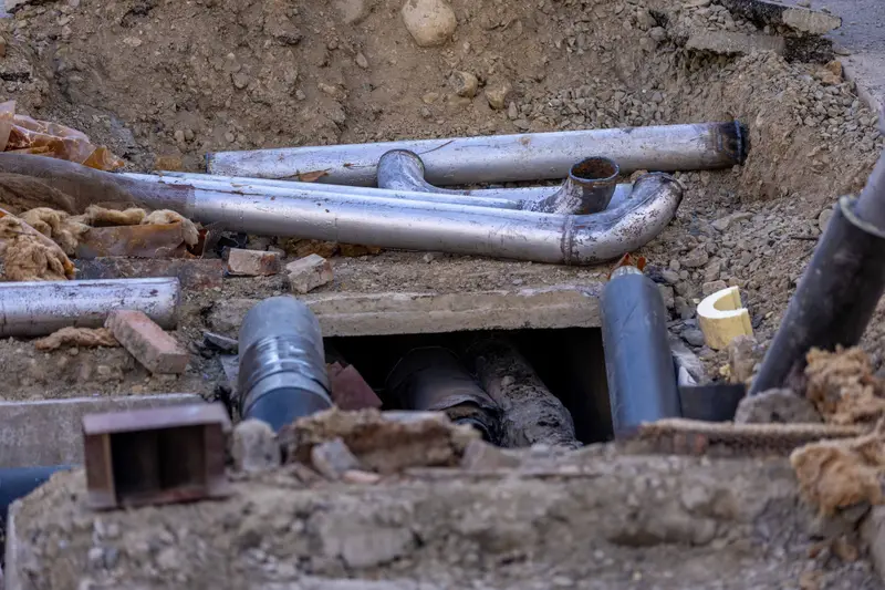 Exposed pipes and fittings in an excavation.