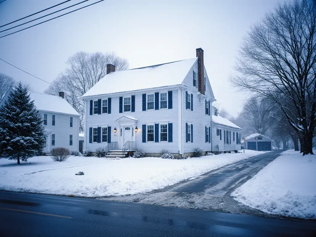 Snow-covered New England colonial house near Manchester, NH
