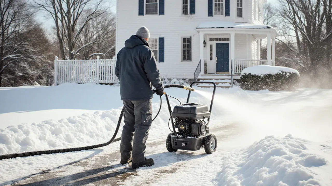 Sewer jetting service on a snowy New England driveway