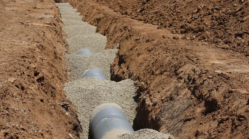 New pipe laid on a stone bedding in a narrow trench.