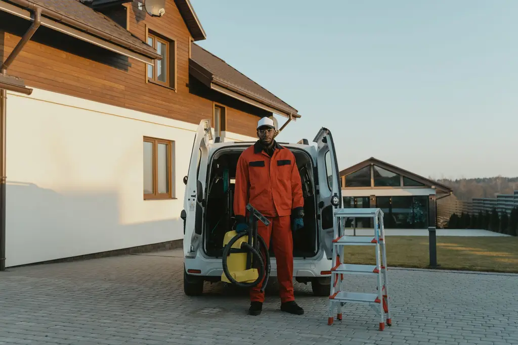 Worker in orange coveralls standing at the open back of a white van.