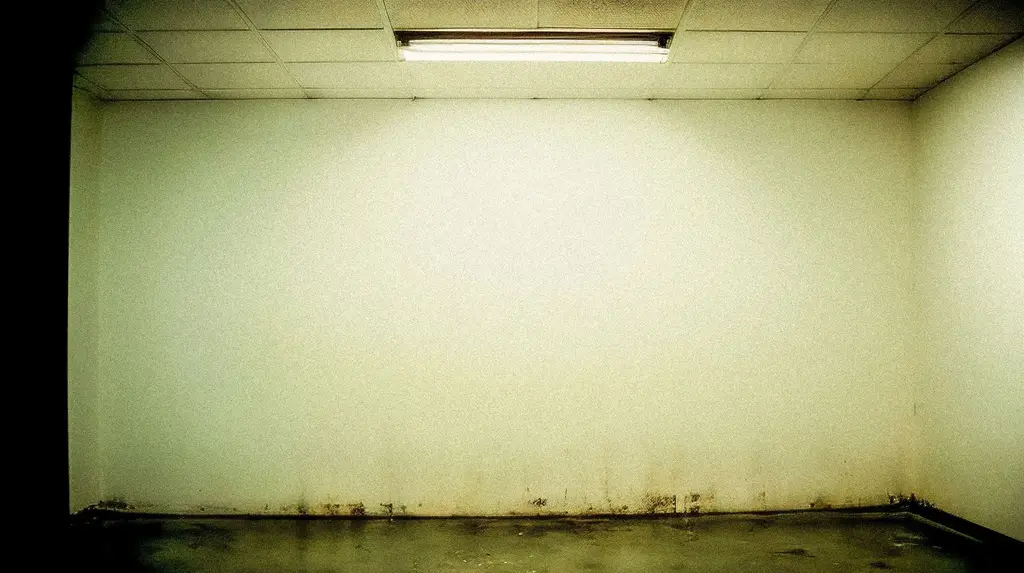 Empty basement room with water staining along the base of the walls.